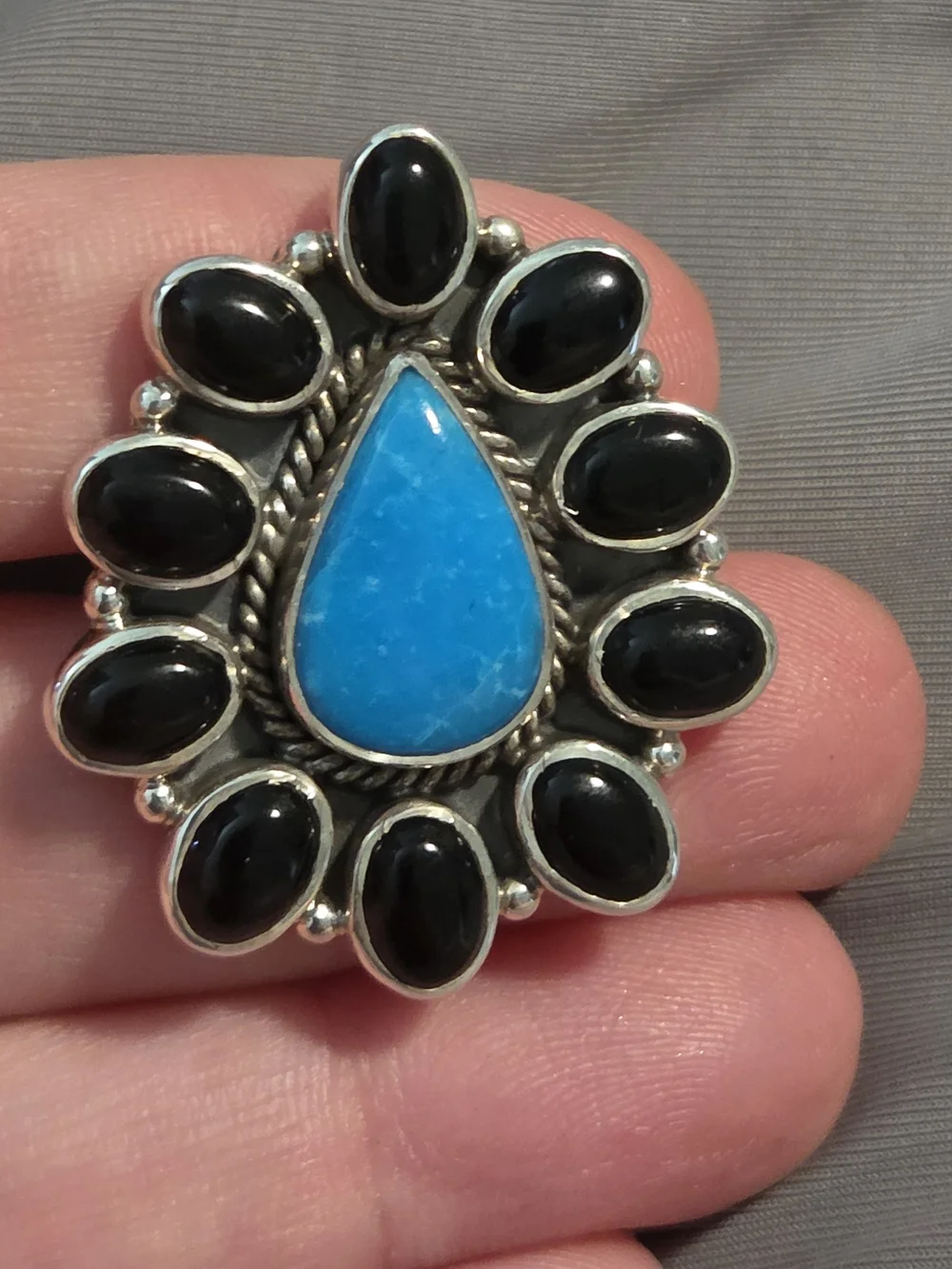 Sterling Silver Turquoise & Black Onyx Teardrop Statement Ring
